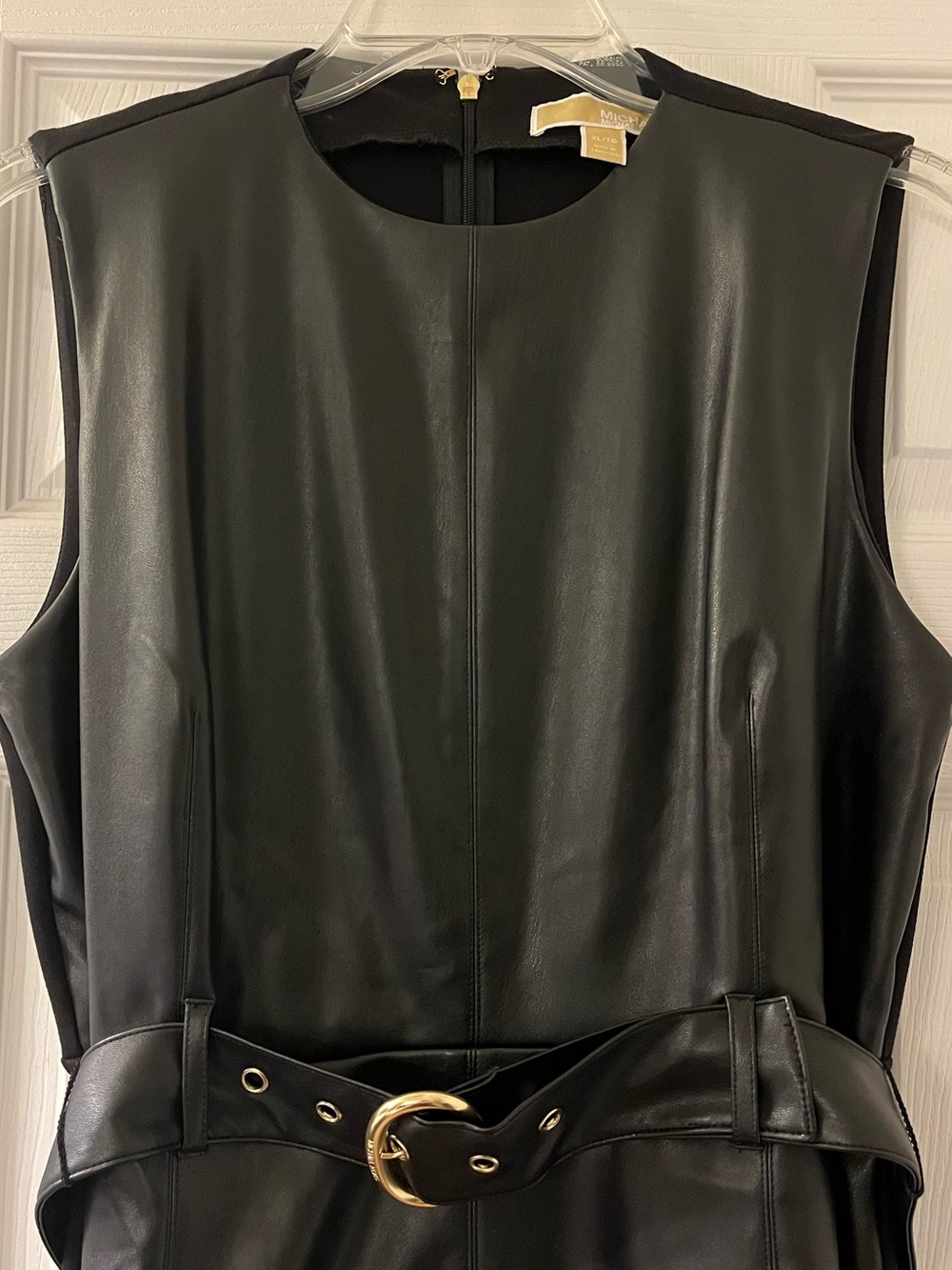 Michael Kors Black Faux Leather Sleeveless Belted Dress with Gold Buckle